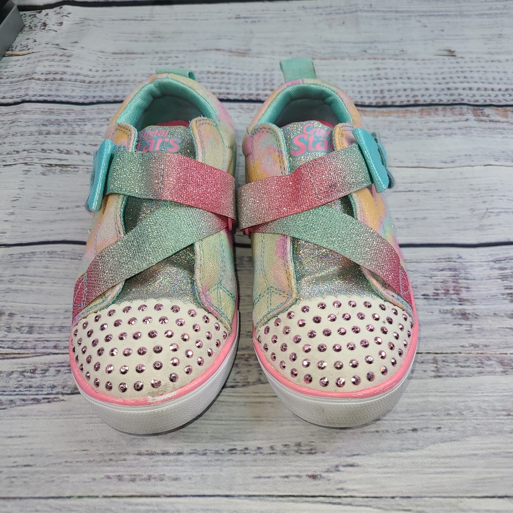 Baby Girl Skechers Crystal Stars Size:1 No Tie Sneakers Robyn Pink Blue Flaw - Picture 2 of 7